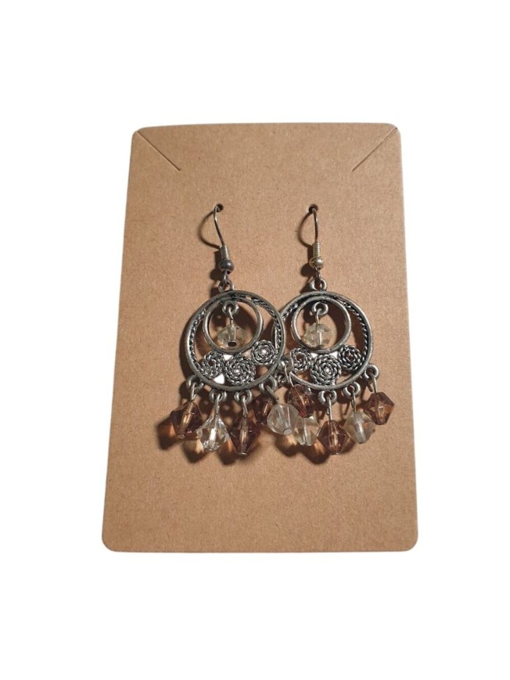 Boho Beach Core Silver Tone Metal Dangle Earring Design Brown Beads Lightweight